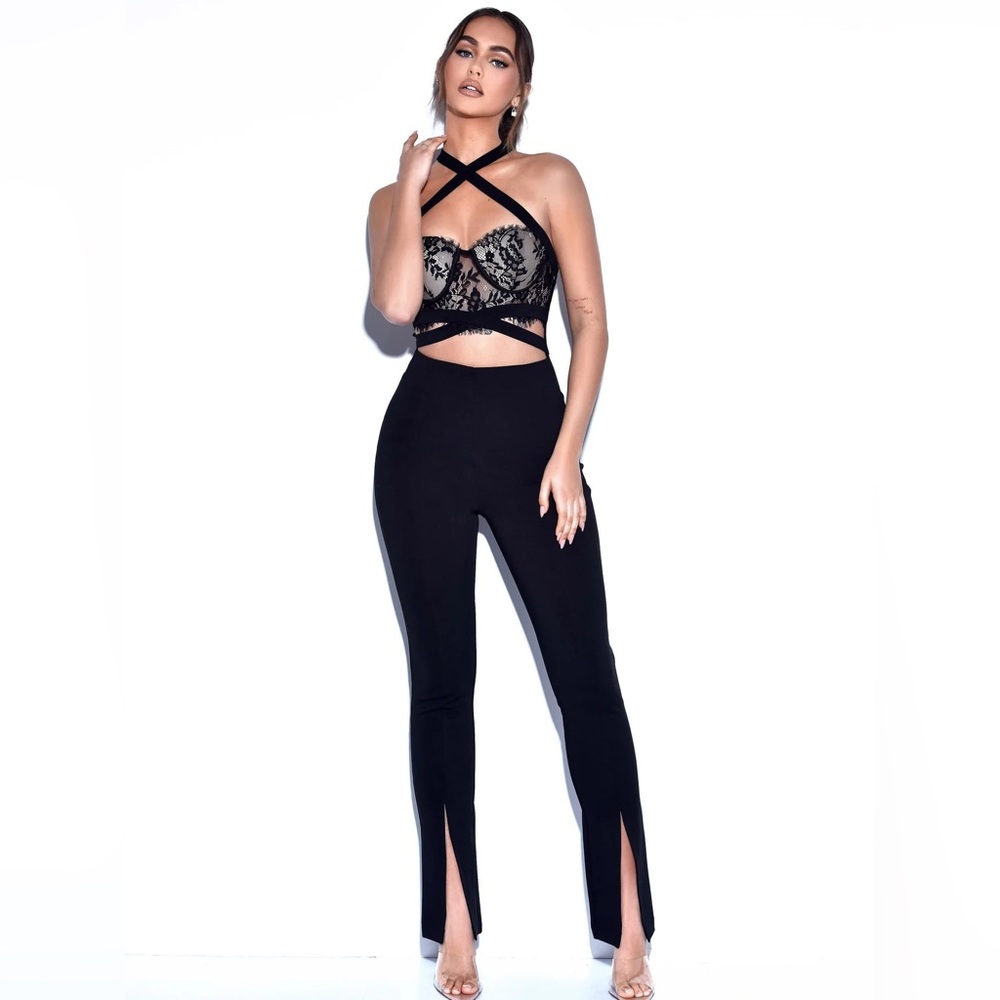 Miss Circle Carmela Black Lace Halter Neck Jumpsuit, SIZE XXS